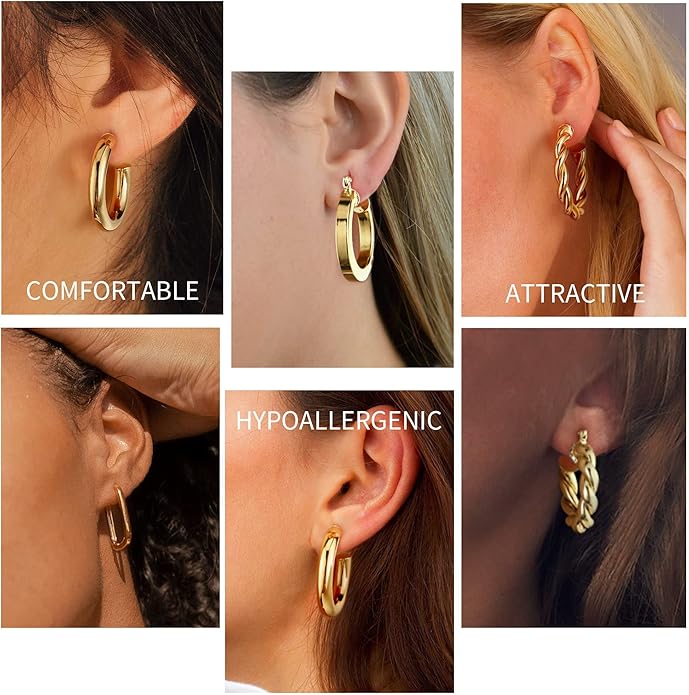 Yesteel 9 Pairs Gold Hoop Earrings for Women, 925 Sterling Silver Post 14K Real Gold Plated Chunky Hoop Earrings Set for Women Hypoallergenic Thick Lightweight Earring for Womens Jewelry Gifts