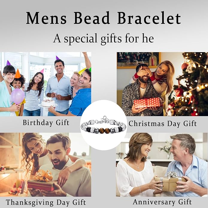 RANKEEF Mens Bead Bracelet Set - Adjustable Elastic Rope With 6&8MM Natural Stone Multi-Colored Beads - Tiger Eye Bracelets for Men - Gift
