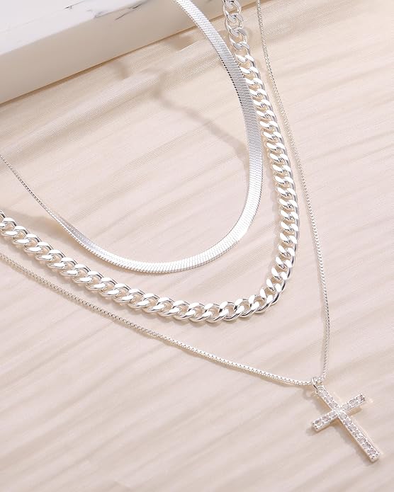 Layered Gold Silver Necklace for Women Non Tarnish,Dainty Choker Statement Chunky Necklace Stack Charm Pendant Chain Necklace Set 14K Gold Plated Long Stacked Womens Necklaces Trendy Jewelry Gift