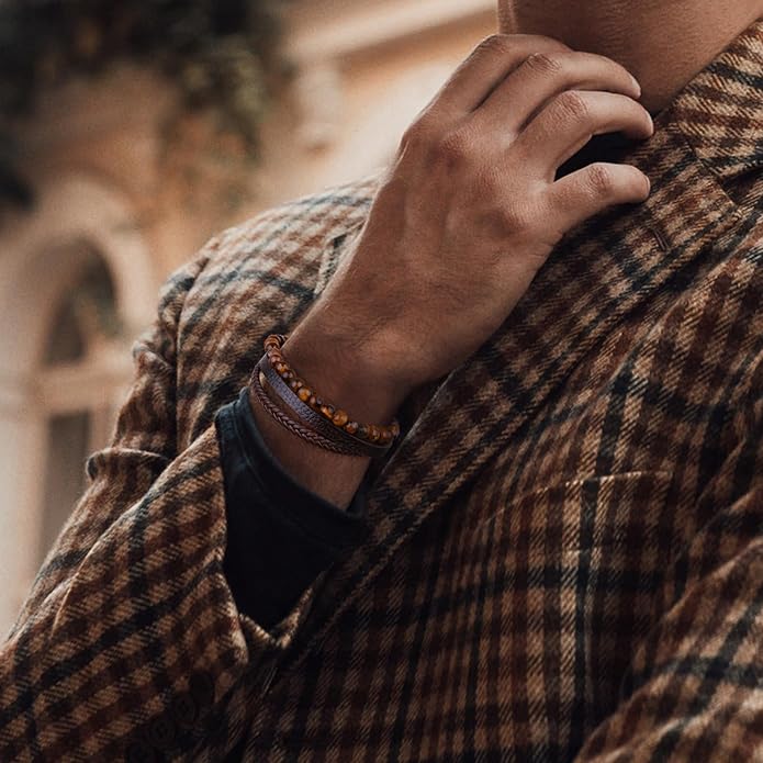 Gifts for Men - Layered Leather Beads Bracelet, Tiger Eye Lava Rock Stone Braided Leather Bracelets for Men Adjustable Magnetic Clasp Birthday Gifts