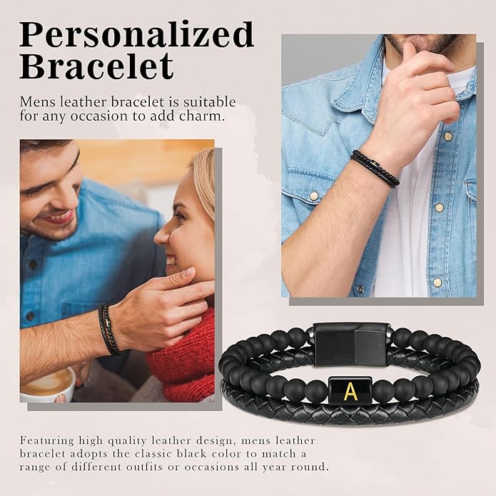 FOCOOG Leather Bracelets for Mens Gifts - Premium Genuine Leather Natural Lava Rock Matte Agate Adjustable Stainless Steel Magnetic Clasp Initial Bracelet, Unique Gifts for Men Husband Dad Son