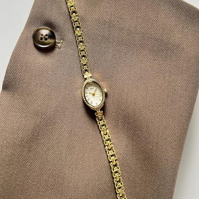 Women's Vintage Oval Watches Luxury Minimalism Bracelet Small Gold Tone Watch Ladies Analog Waterproof Watch Fashion Bangle Bracelet Dress Watch with Stainless Steel Band