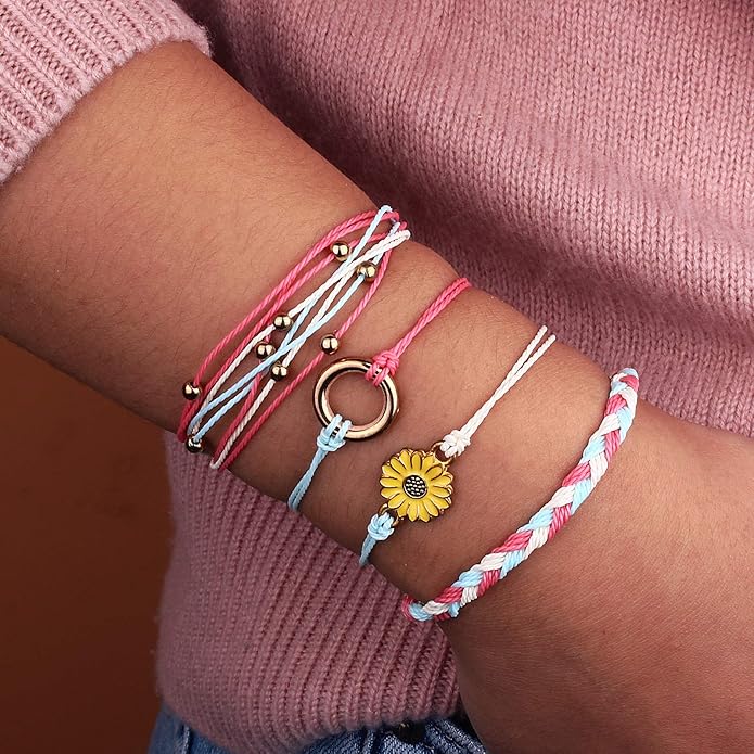 FANCY SHINY Sunflower String Bracelet Boho Braided Rope Wrap Bracelets Cute Summer Beach Surfer Jewelry for Women