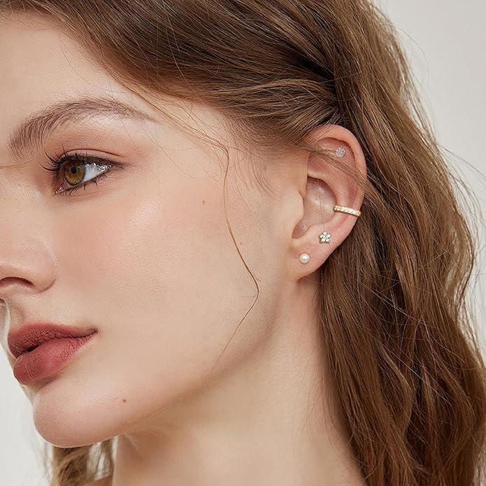 Gold Hoop Earrings for Women - 4 Pairs 14K Gold Plated Dainty Huggie Stacks Set for Multiple Piercing, Hypoallergenic Cartilage Earrings CZ Trendy Fashion Jewelry