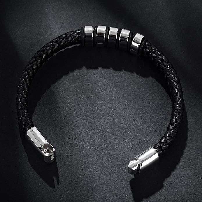 Leather Bracelet for Men Braided Cuff Wristband Stainless Steel Clasp in Silver and Gold Jewellery Gift