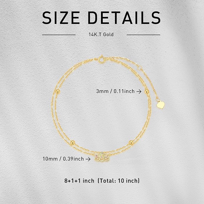 Solid 14K Gold Lotus Anklet for Women,14kt Real Gold Layered Beaded Opal Lotus Ankle Foot Beach Jewelry Gifts for Mother Wife Mom Sisters Birthday Anniversary,8+1+1 inch