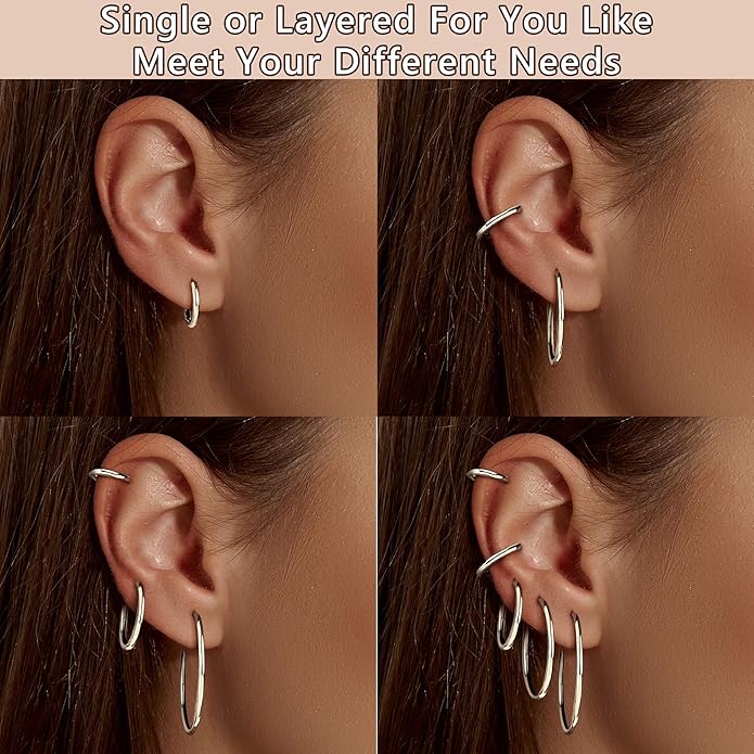 FUNRUN JEWELRY 5 Pairs 925 Sterling Silver Hoop Post Earrings for Women-Small 14K Gold Silver Hoops Earrings,Hypoallergenic Silver Hoop Earring for Women-Medium Big Hoops Stack Earring 10/14/20/30/40mm
