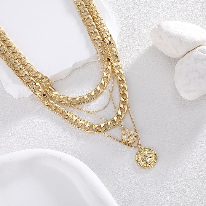 MJartoria Layered Necklaces for Women Trendy Retro Coin Pendant Necklace Dainty Chunky Chain Choker Necklaces for Jewelry Birthday Gifts