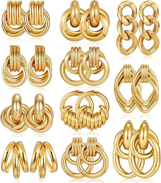 11 Pairs Trendy Gold Knot Earrings for Women Chunky Statement Long Link Drop Dangle Earrings Fashion Lightweight Hypoallergenic Jewelry Set