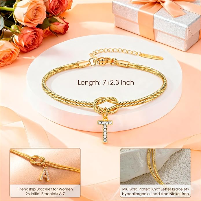 Friendship Bracelet for Women Gold Initial Bracelets 14K Gold Plated Knot Letter A-Z Initial Bracelet for Women Dainty Forever Layered Chain Bracelets Jewelry Birthday Gift for Best Friend