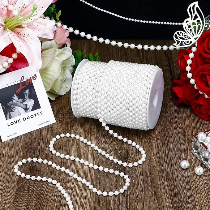Towenm 99 Feet 6mm Pearl Strings Garland for Crafts, Artificial Pearl Beaded Trim Chain Roll Strands for Wedding Centerpieces Bouquet Party Decoration Christmas Tree Garland, White