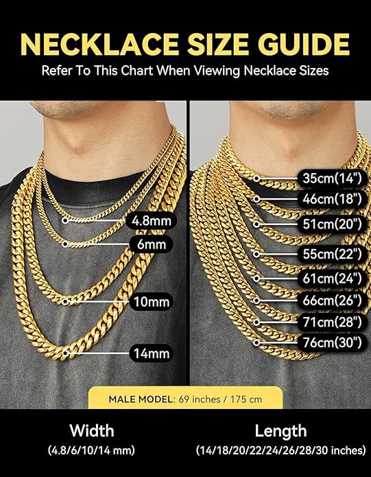 ChainsHouse Miami Cuban Link Chain Necklace for Men, 4.8mm/6mm/10mm/14mm Width, 14K Gold Plated/Stainless Steel/Black Mens Chunky Hip Hop Necklace Curb Chains, 14"-30" Length, Come Gift Box