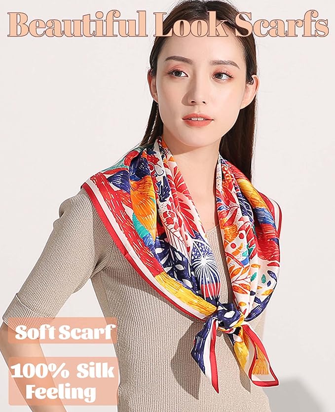 kcctoo 27.5" Mulberry Silk Feeling Head Scarf Women's Fashion Square Neck Satin Scarfs for Bag Hair Scarves Gift