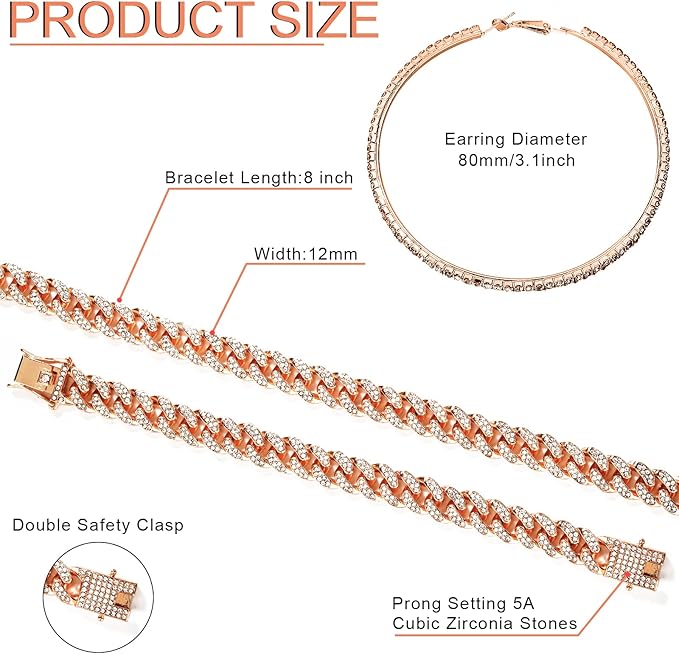 Batiyeer 3 Pcs Cuban Link Chain Necklace Bracelet Rhinestone Hoop Earrings Bling Crystal Hip Hop Jewelry for Women(18 Inch,Rose Gold)