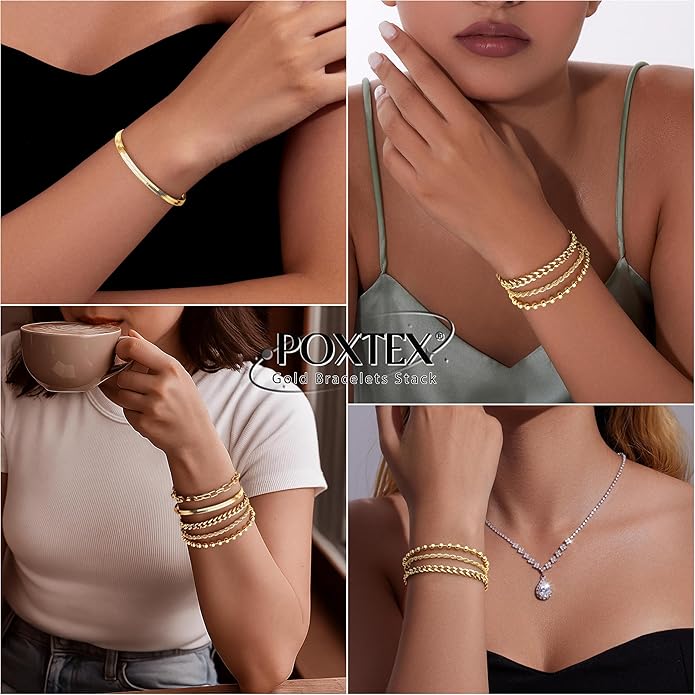 Gold Bracelets for Women Non Tainish,Dainty Bracelets Stack for Women Trendy, Gold Plated Cuff Bracelets Stack With Beaded Cuban Paperclip Snake Rope Bangle Hand Chain Jewelry Gifts for Women
