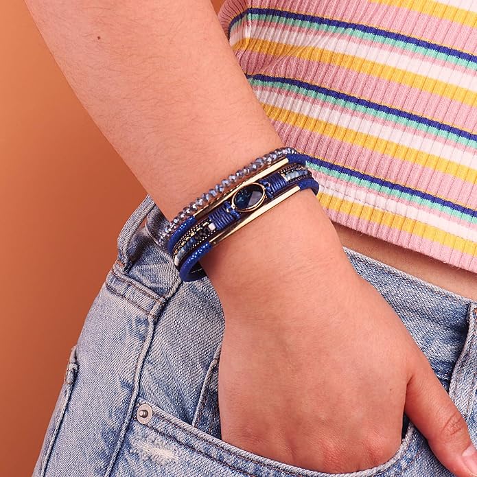 FANCY SHINY Leather Wrap Bracelets Crystal Beads Bracelet Boho Cuff Stone Charm Bracelets with Clasp Costume Jewelry for Women