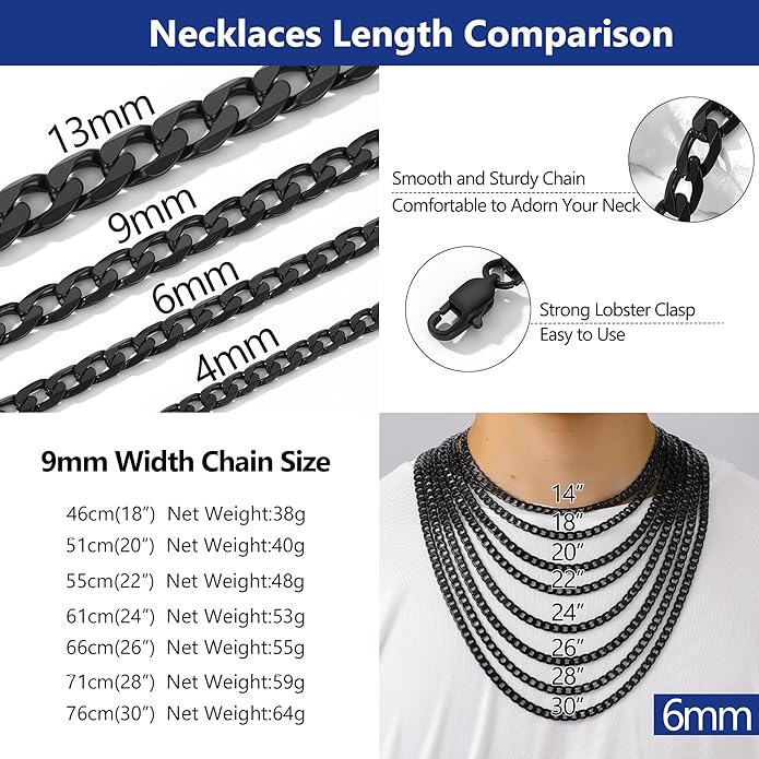 PROSTEEL 316L Stainless Steel Cuban Link Chain Necklaces for Men, Black/18K Gold Plated, Hypoallergenic Jewelry, 4mm-13mm, 14"-30", Come with Box