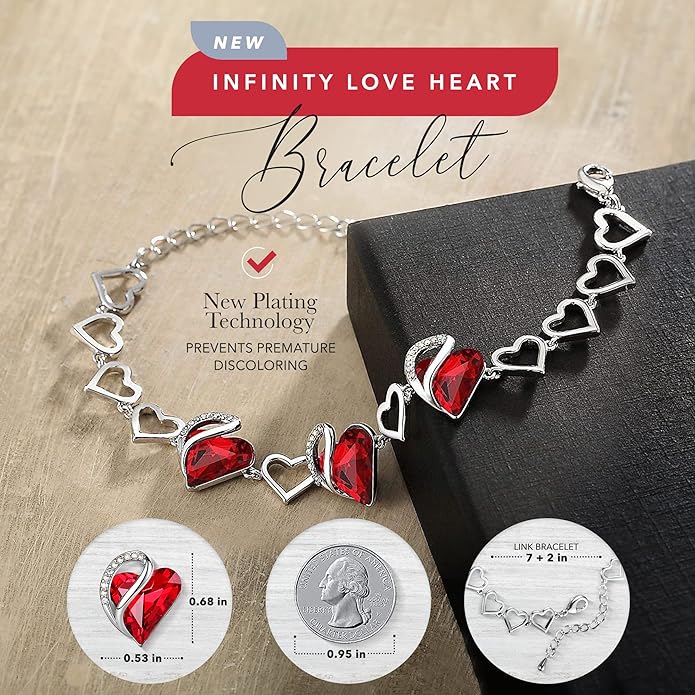 Leafael Infinity Love Heart Link Bracelets, Birthstone or Healing Stone Crystal Bracelet for Women, Silver Tone Jewelry Gifts for Her, 7-inch Chain and 2-inch Extender