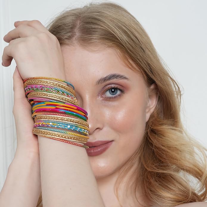 Touchstone Stunning Rainbow Multicolor Bangle Collection. Indian Bollywood Colorful Bangle Bracelet Set of 24 In Antique Gold Tone For Women.