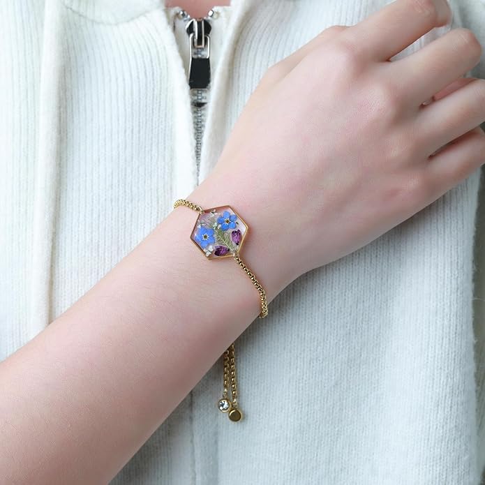 Forget-Me-Not Pressed Wildflower Bracelet | Pressed Flower Bracelet | Gold/Silver Pressed Flower Jewelry | Personalized Handmade Jewelry | Gift For Women