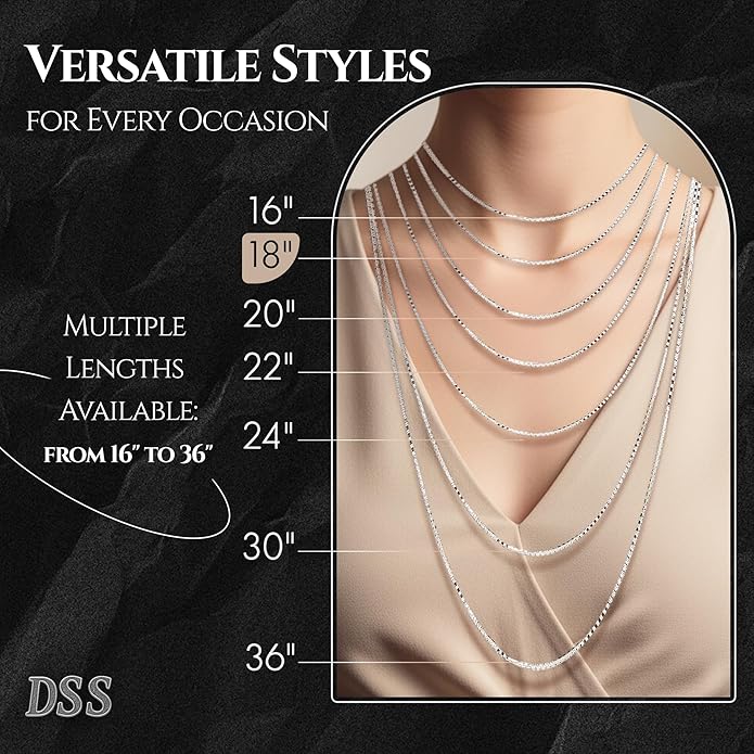 DSS 925 Sterling Silver Necklace for Women, Box Chain 1.5mm, Lobster Claw Clasps, Sterling Silver Chain, Italian Jewelry for Women, 16in - 36in