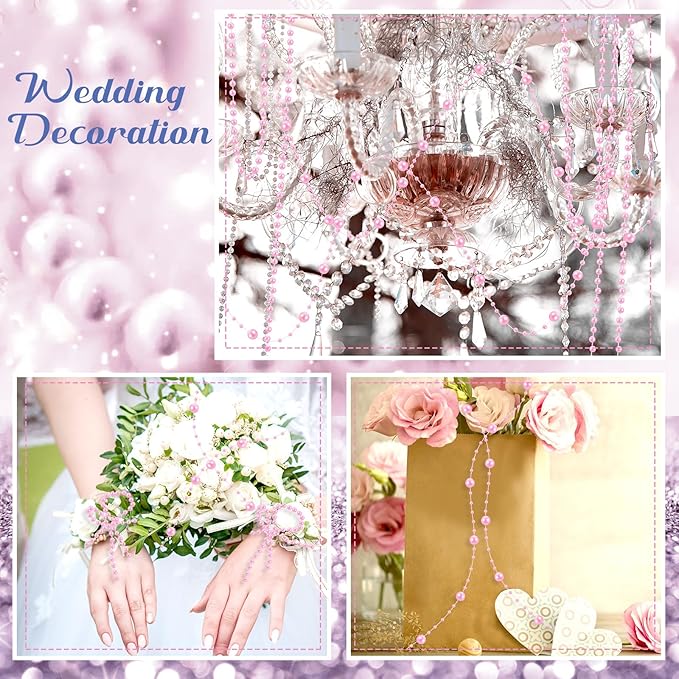 Bonuci 3 Rolls 66 Feet Pearls String Garland Faux Pearl Garland Spool Roll Strand Decoration Artificial Beads Chain Trim for Crafting String of Flowers Valentine Wedding Party(Pink,4mm)
