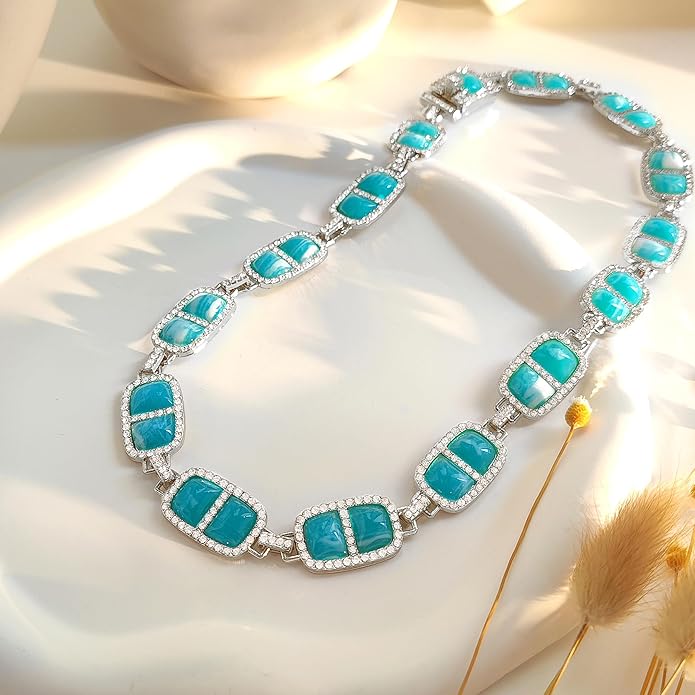 Chunky Necklace for Women 12 Colors Diamond Stone Gold Statement Necklace for Women Full Trendy Blue Birthstone Choker Necklace for Women Square Design Necklace Jewelry