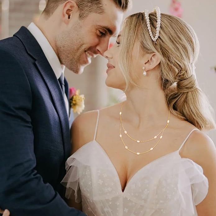 Layered Pearl Choker Necklaces for Women Gold Plated Dainty Trendy Faux Pearl Drop Pendant Y Shaped Layered Gold Necklace Wedding Bridal Jewelry