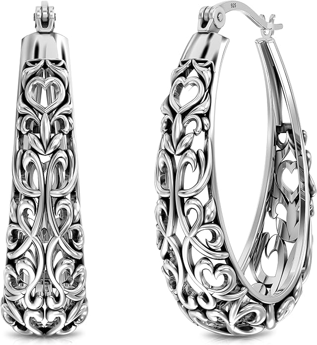 LeCalla 925 Sterling Silver Hoop Earrings | Women's Filigree Hoop Earrings | Openwork Mesh Filigree Cut Earring | Lightweight & Hypoallergenic Vintage Hoop Earrings for Women