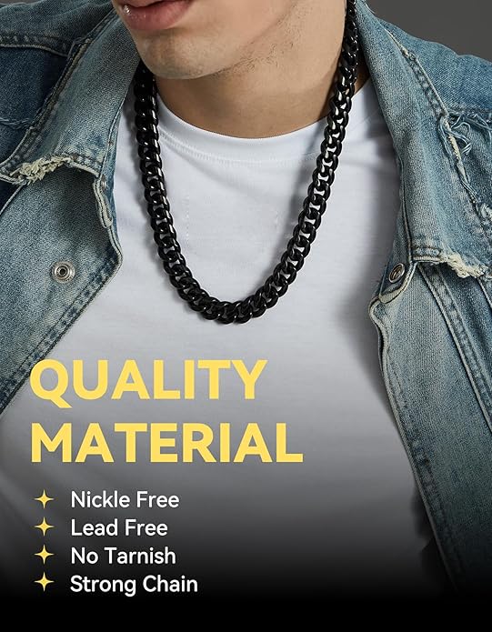 ChainsHouse Miami Cuban Link Chain Necklace for Men, 4.8mm/6mm/10mm/14mm Width, 14K Gold Plated/Stainless Steel/Black Mens Chunky Hip Hop Necklace Curb Chains, 14"-30" Length, Come Gift Box