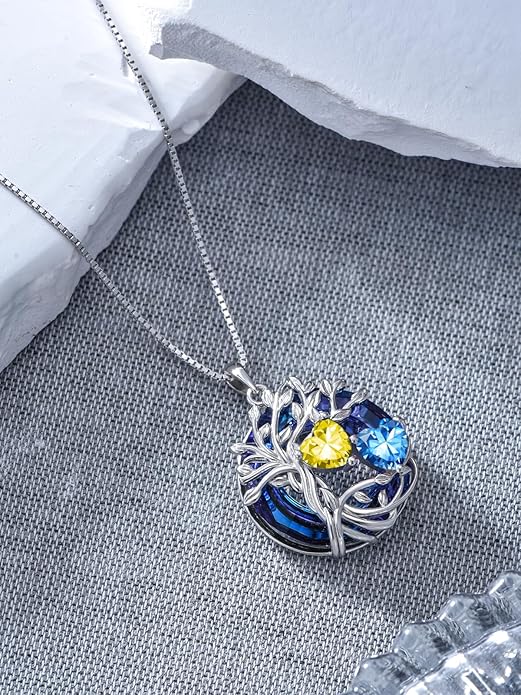 TOUPOP s925 Sterling Silver Family Celtic Tree of Life Pendant Necklaces with 2 Heart Birthstone with Blue Austrian Crystal Jewelry Birthday Anniversary Christmas Gifts for Her Wife Girlfriend Mom (18K Real White Gold Filled)