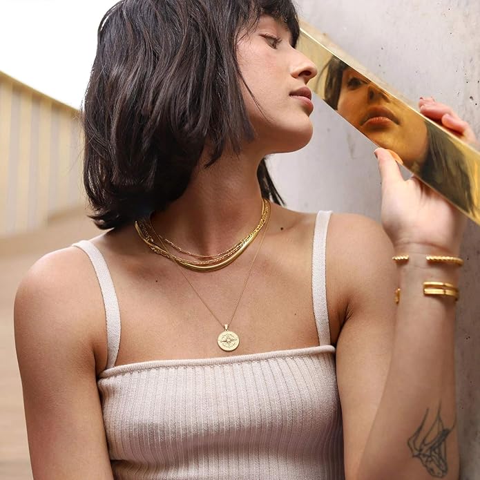 CANEVINKA 18K Gold Plate Coin Pendant Necklace for Women Dainty Compass Sunflower Necklaces Personalized Chain Layered Jewelry