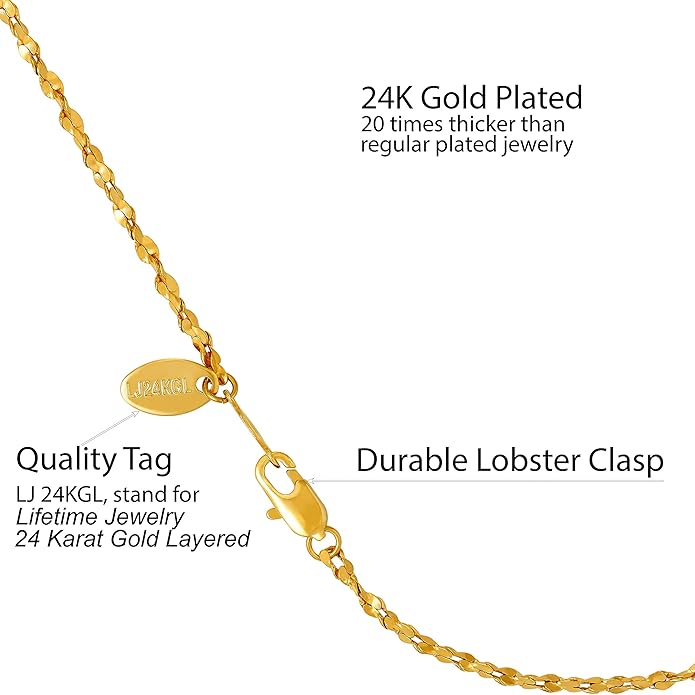 LIFETIME JEWELRY Womens Gold Anklet 1.5mm Twisted Nugget Ankle Bracelet 24K Gold Plated