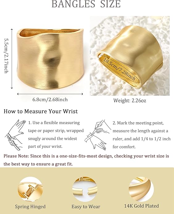 Bangle Bracelets for Women | 14K Gold Plated Trendy Wide Bracelets | Hinged Arm Cuff Bangles Chunky Bracelet for Women