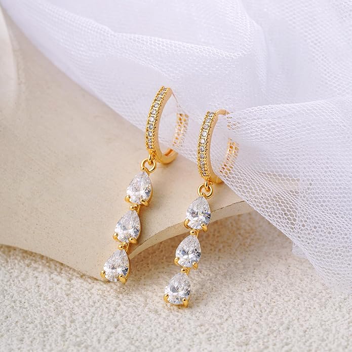 2 Pairs Gold Huggie Hoop Earrings for Women 14k Gold Plated Diamond Stud Earrings Set Drop Dangle Hypoallergenic Cubic Zirconia Flat Back Earring Gold Jewelry for Women Gift