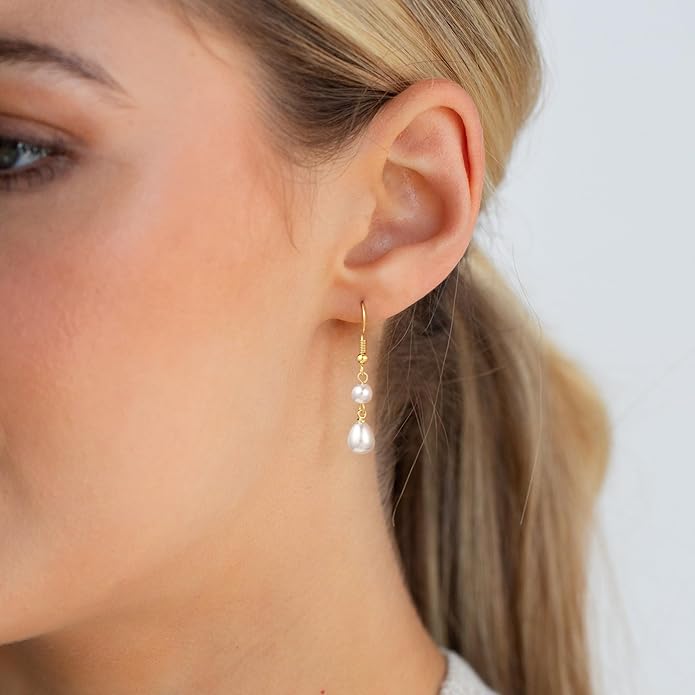 14K Gold Plated Pearl Dangle Earrings for Women, Small Pearl Drop Huggie Hoop Earrings, Hypoallergenic Dainty Gold Wedding Earrings Jewelry Gifts for Women Trendy
