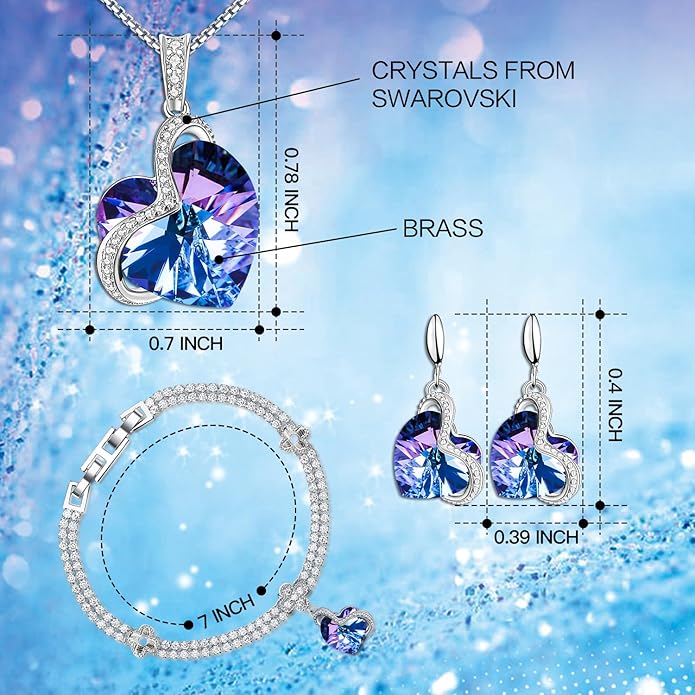 Blissful Heart Crystal Jewelry Sets For Women 18K White Gold Plated Bracelet Necklace and Earrings Sets for Wife Girlfriend or Mothers Idea Gift for Special Women in Life
