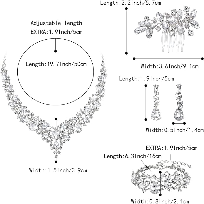 BriLove Wedding Bridal Jewelery for Women Austrian Crystal Teardrop Cluster Statement Necklace Dangle Earrings Link Bracelet Set
