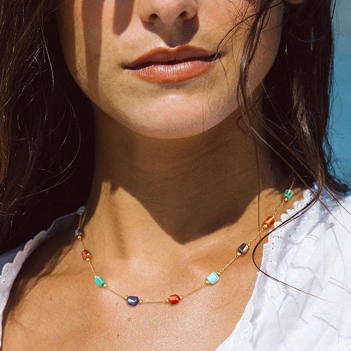 MTMY Beaded Necklaces for Women 14K Gold Plated Dainty Colorful Green/Rose Beaded Pearl Choker Necklace Delicate Boho Choker Necklace Jewelry Gift