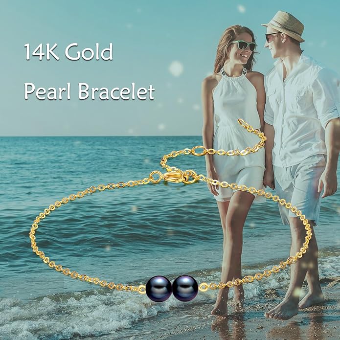 KECHO 14K Real Gold Freshwater Cultured Pearl Bracelet 14K Solid Gold Jewelry Anniversary Birthday Gift for Women