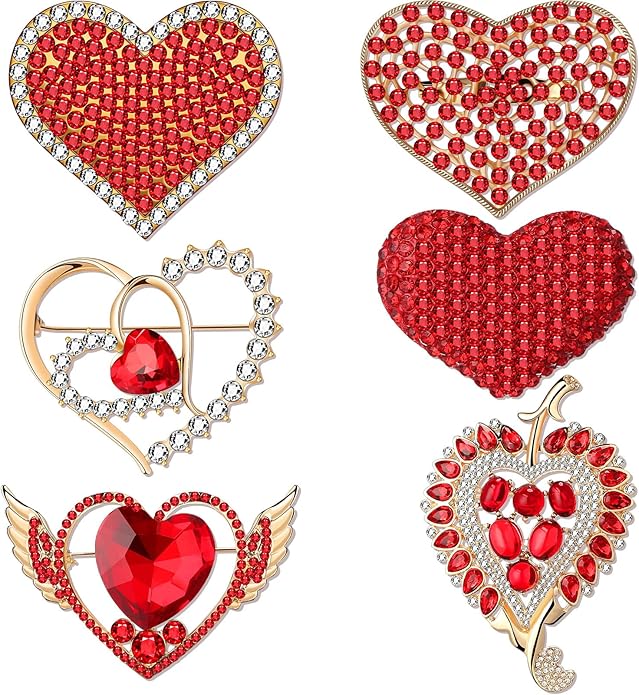 Junkin 6 Pcs Love Heart Brooch Pin Women Crystal Rhinestone Gift Hollow Lapel Crystal Brooch Pins for Girls Party Wedding Festivals Valentine's Day