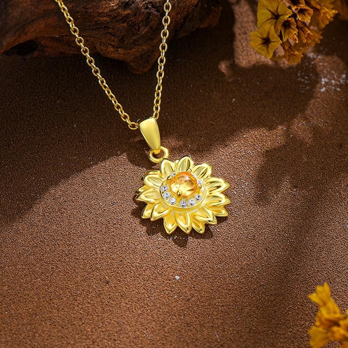 Dainty Genuine Amber Sunflower Pendant Necklace 925 Sterling Silver vintage Natural Gemstone Jewelry for Women Sunflower Lover