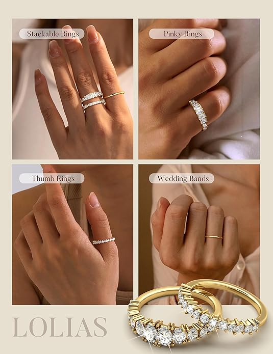 LOLIAS 14K Gold Plated Stackable Rings for Women Non Tarnish - Dainty Cubic Zirconia Wedding Bands Ring Set Minimalist Trendy Statement Engagement Promise Thumb Rings Stacking Size 5-10