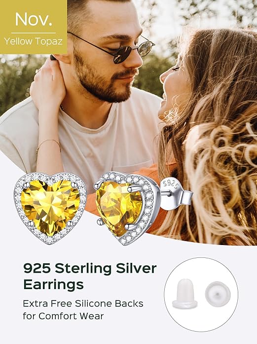 ChicSilver 925 Sterling Silver Birthstone Earrings for Women, 8MM/2 Carat Heart & Round Cubic Zirconia Stud Earrings, Hypoallergenic Jewelry, Ideal Birthday or Christmas Gifts
