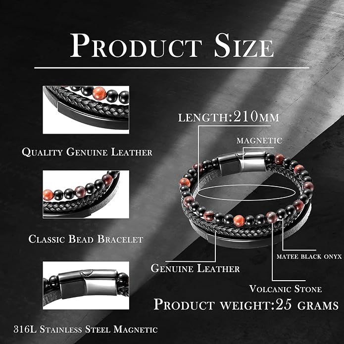 Mens Tiger Eye Matee Black Onyx Lava Rock Volcanic Stone Beaded Bracelet, Black Braided Leather Bracelet for Men