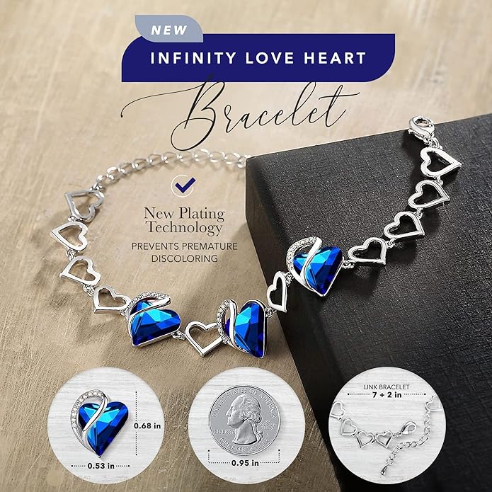 Leafael Infinity Love Heart Link Bracelets, Birthstone or Healing Stone Crystal Bracelet for Women, Silver Tone Jewelry Gifts for Her, 7-inch Chain and 2-inch Extender