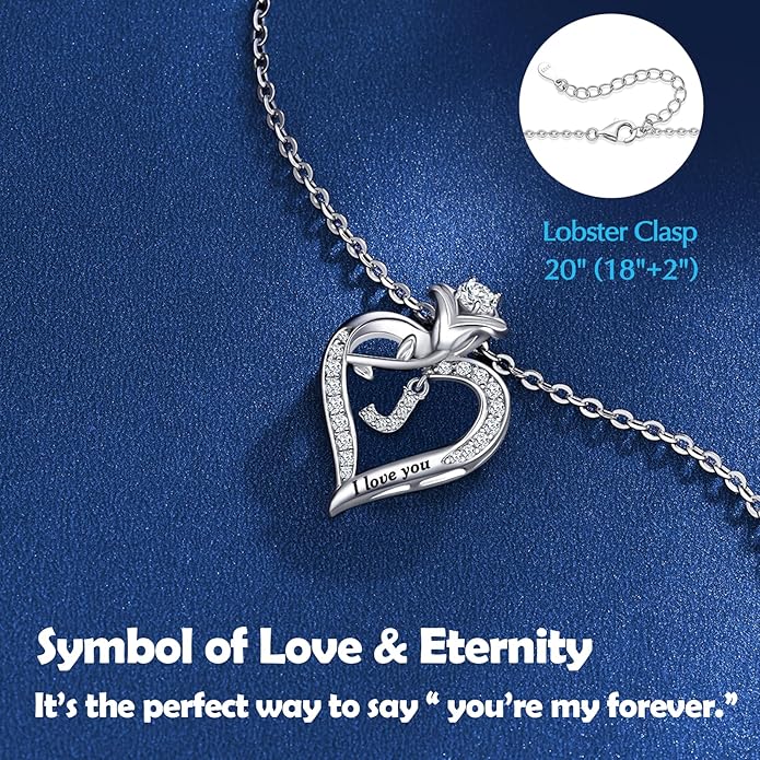 DWWGE Rose Heart Pendant Necklace Gifts for Wife, Engraved 'I love you' Gift for Wife Girlfriend, Anniversary Birthday Eternity Jewelry Present for Women, Moissanite Necklace Gift for Her
