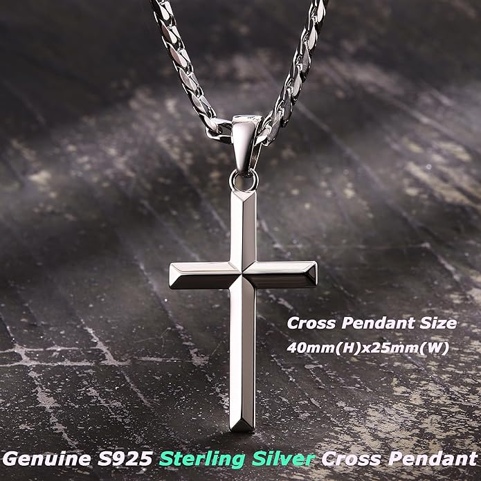 MILACOLATO 925 Sterling Silver Cross Necklace Men - Beveled Edge Cross Pendant with 5mm 316L Stainless Steel Cuban Link Curb Chain Crucifix Necklaces Silver Jewelry for Men Women, 18-30'' Christian Baptism Gift