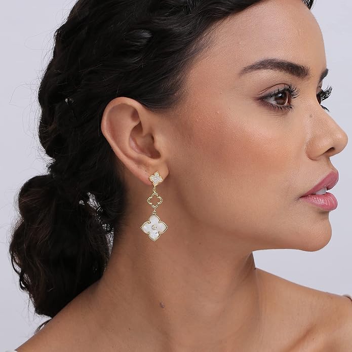 LeCalla 925 Sterling Silver Drop Earrings | Mother of Pearl Clover Earring | Mother of Pearl Stud Earring | Zirconia MOP Drop Dangle Hoop Earrings for Women