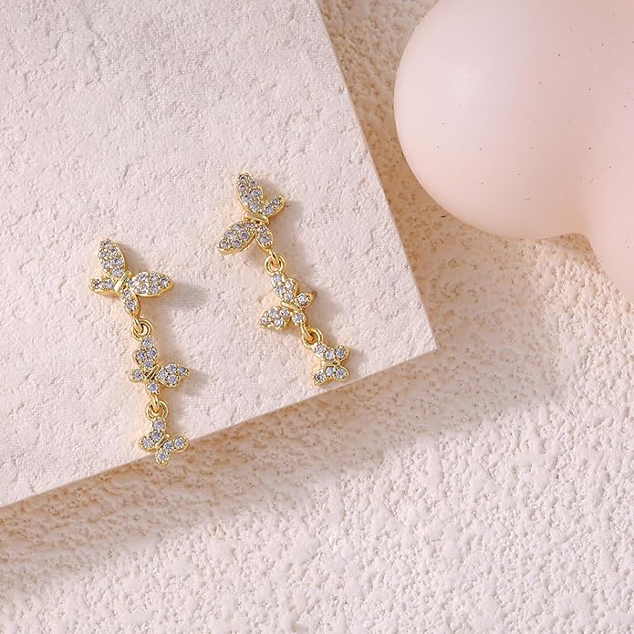 14K Gold Plated Butterfly Dangle Earrings for Women - Dainty, Trendy, Hypoallergenic CZ Drop Earrings - Simple Long Dangling Jewelry